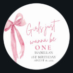 Pink Bow Girls Just Want To Be One 1st Birthday Classic Round Sticker<br><div class="desc">Add the perfect finishing touch with this Pink Bow “Girls Just Want To Be One” Birthday Sticker! 🎀 Featuring a soft blush background, modern bow detail, and playful typography, this square sticker is perfect for favour bags, party cups, envelope seals, and more. Ideal for a chic and coquette-inspired birthday celebration,...</div>