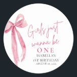 Pink Bow Girls Just Want To Be One 1st Birthday Classic Round Sticker<br><div class="desc">Add the perfect finishing touch with this Pink Bow “Girls Just Want To Be One” Birthday Sticker! 🎀 Featuring a soft blush background, modern bow detail, and playful typography, this square sticker is perfect for favour bags, party cups, envelope seals, and more. Ideal for a chic and coquette-inspired birthday celebration,...</div>