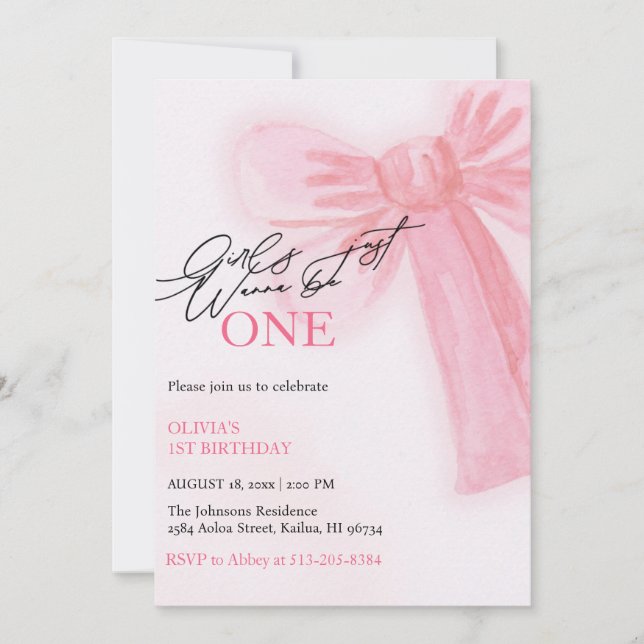 Pink Bow Girls Just Want To Be One 1st Birthday Holiday Card (Front)
