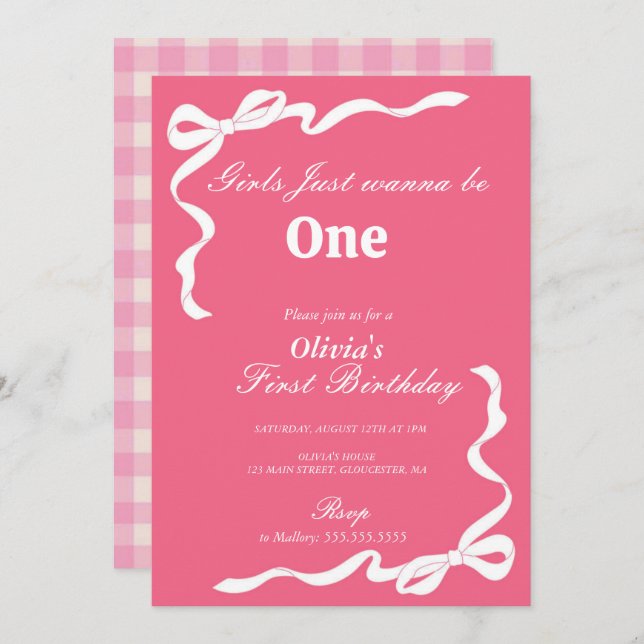 Pink Bow Girls Just Want To Be One 1st Birthday In Invitation (Front/Back)