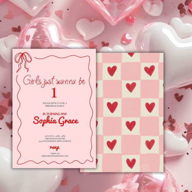 Pink Bow Girls Just Want To Be One 1st Birthday Invitation (Creator Uploaded)