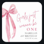 Pink Bow Girls Just Want To Be One 1st Birthday Square Sticker<br><div class="desc">Add the perfect finishing touch with this Pink Bow “Girls Just Want To Be One” Birthday Sticker! 🎀 Featuring a soft blush background, modern bow detail, and playful typography, this square sticker is perfect for favour bags, party cups, envelope seals, and more. Ideal for a chic and coquette-inspired birthday celebration,...</div>