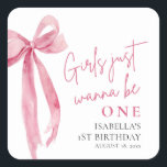 Pink Bow Girls Just Want To Be One 1st Birthday Square Sticker<br><div class="desc">Add the perfect finishing touch with this Pink Bow “Girls Just Want To Be One” Birthday Sticker! 🎀 Featuring a soft blush background, modern bow detail, and playful typography, this square sticker is perfect for favour bags, party cups, envelope seals, and more. Ideal for a chic and coquette-inspired birthday celebration,...</div>