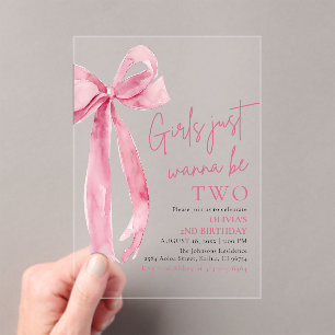 Pink Bow Girls Just Want To Be Two 2nd Birthday  Acrylic Invitations