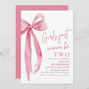 Pink Bow Girls Just Want To Be Two 2nd Birthday  Invitation
