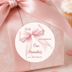 Pink bow girls wanna be one 1st Birthday Classic Round Sticker
