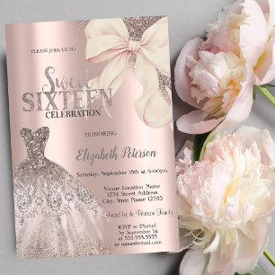 Pink Bow Glitter Dress Rose Gold Sweet 16  Invitation
