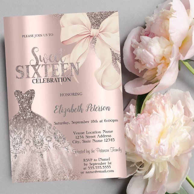 Pink Bow Glitter Dress Rose Gold Sweet 16  Invitation (Creator Uploaded)
