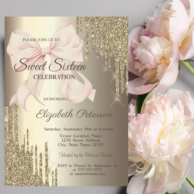Pink Bow Glitter Drips Champagne Sweet 16 Invitation (Creator Uploaded)