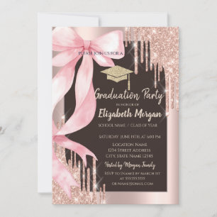 Pink Bow Glitter Grad Cap,Drips Photo Brown  Invitation
