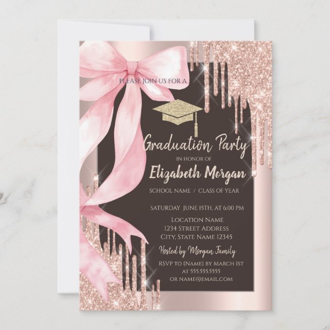 Pink Bow Glitter Grad Cap,Drips Photo Brown  Invitation (Front)