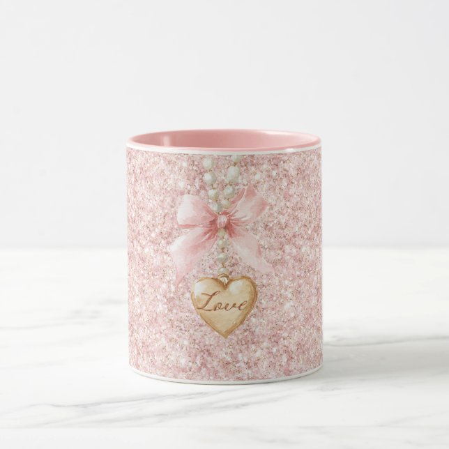 Pink Bow Glitter Love Heart Necklace   Mug (Center)
