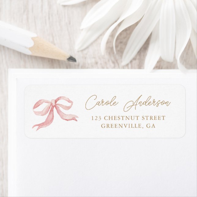 Pink Bow Gold Baby Shower Return Address Label (Insitu)