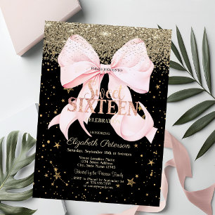 Pink Bow Gold Diamonds Stars Black Sweet 16 Invitation