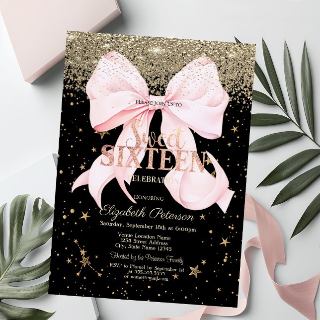 Pink Bow Gold Diamonds Stars Black Sweet 16 Invitation (Creator Uploaded)