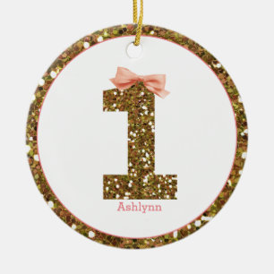 Pink Bow Gold Glitter One 1st Birthday Ceramic Ornament