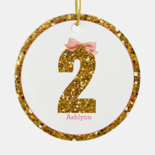 Pink Bow Gold Glitter Two 2nd Birthday Ceramic Ornament