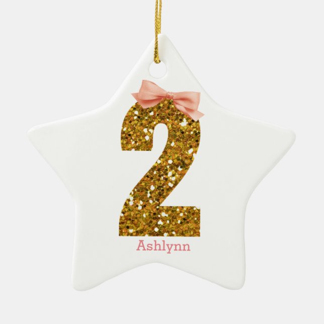 Pink Bow Gold Glitter Two 2nd Birthday Ceramic Ornament (Front)