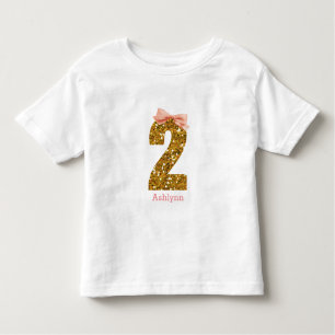 Pink Bow Gold Glitter Two 2nd Birthday Toddler T-Shirt