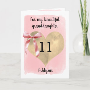 Pink Bow Gold Heart 11th Birthday Granddaughter Card
