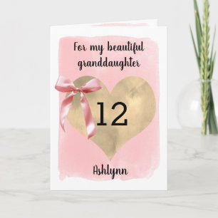 Pink Bow Gold Heart 12th Birthday Granddaughter Card