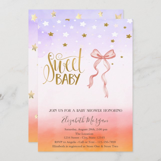Pink Bow Gold Star Baby Shower Invitation (Front/Back)