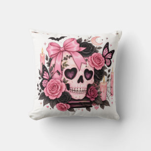 Pink Bow Gothic Skull Coquette Halloween Cushion