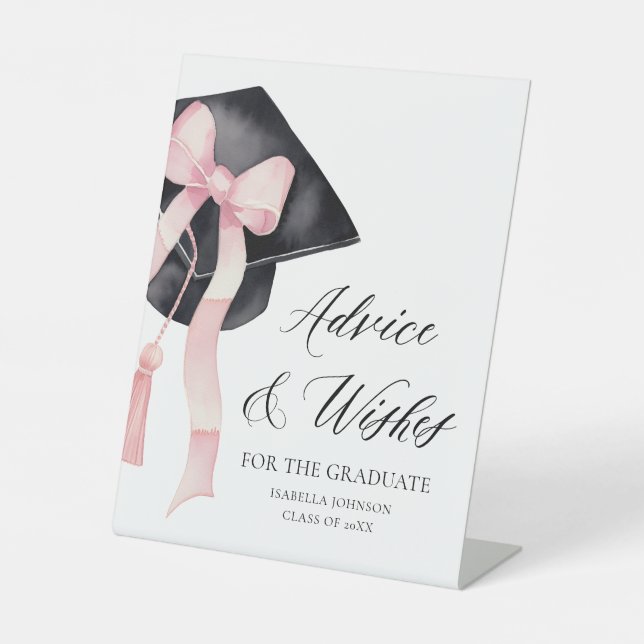 Pink Bow Grad Party Graduate Advice and Wishes Pedestal Sign (Front)