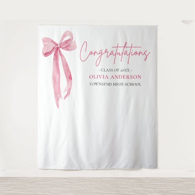 Pink Bow Graduation Congratulation Photo Backdrop Tapestry (Front)