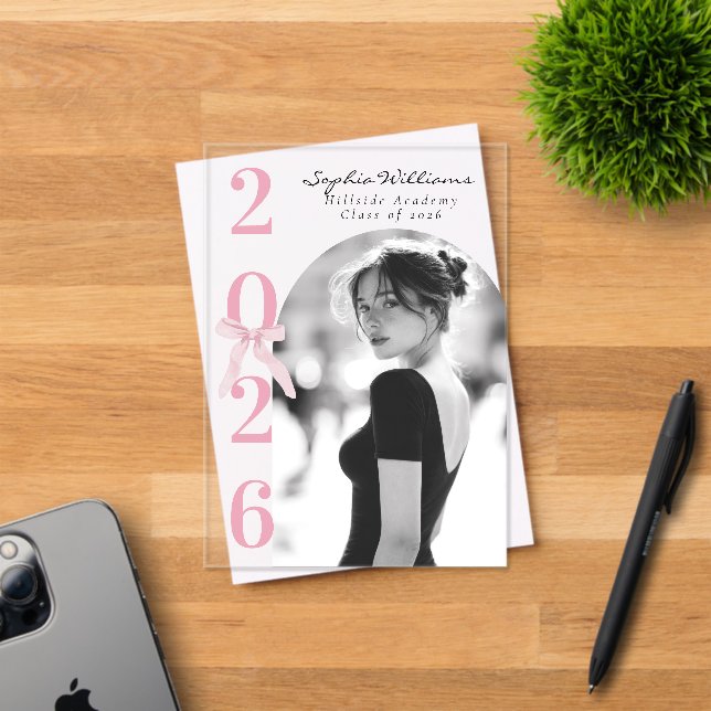 Pink Bow Graduation Photo Black and White Acrylic Invitations (Insitu (Invitation Card))