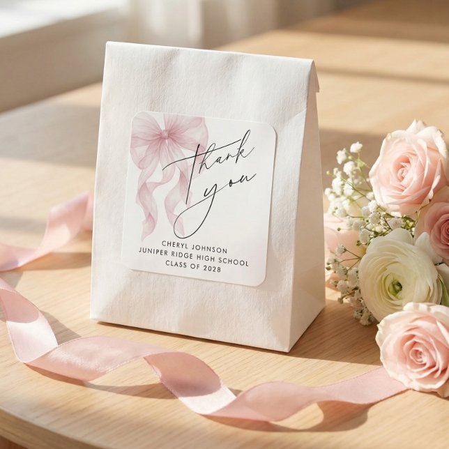 Pink Bow Graduation Thank You Square Sticker (Creator Uploaded)