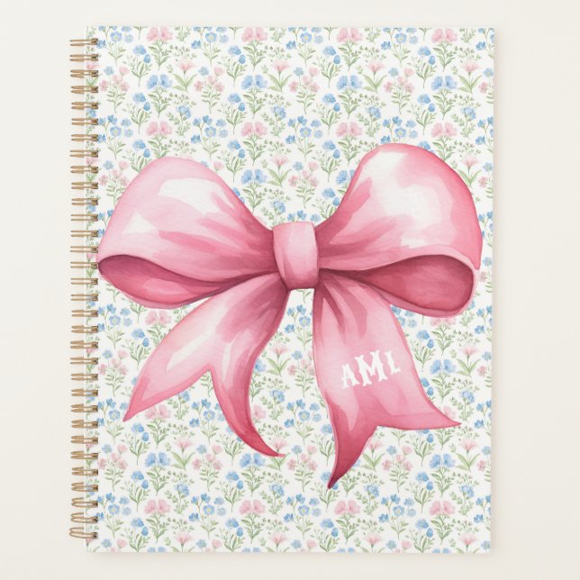 Pink Bow Grandmillennial Floral Monogram Planner (Front)