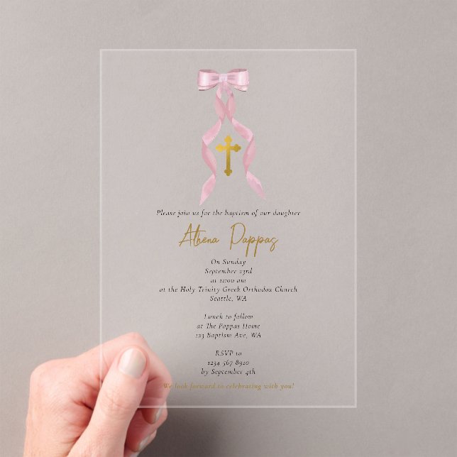 Pink Bow Greek Orthodox Christening Girl Baptism Acrylic Invitations (Insitu (Handheld))