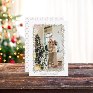 Pink Bow Green Garland Christmas Photo Holiday Card
