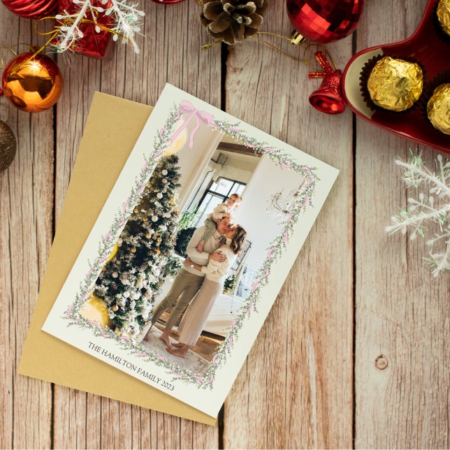 Pink Bow Green Garland Christmas Photo  Holiday Card (Creator Uploaded)