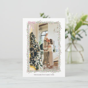 Pink Bow Green Garland Christmas Photo  Invitation