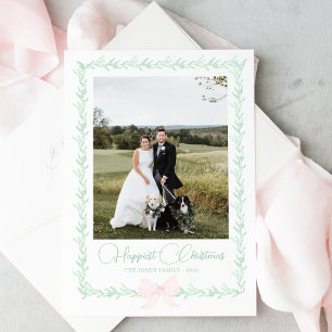 Pink Bow Greenery Traditional Christmas Photo Holiday Card