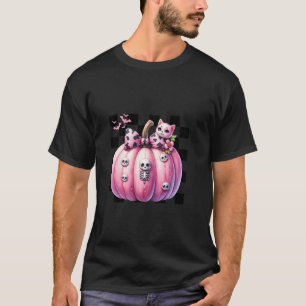 Pink Bow Halloween Pumpkin With Kitten Cat Skulls T-Shirt