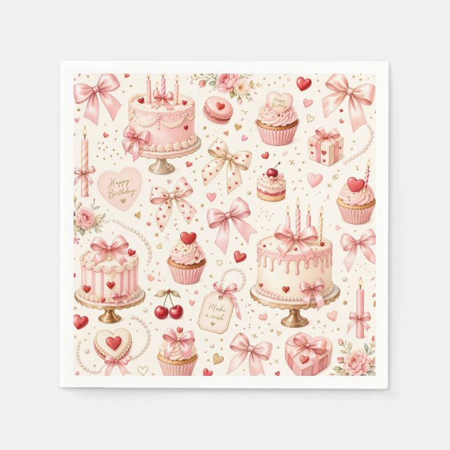 Pink Bow Happy Birthday  Napkin (Front)