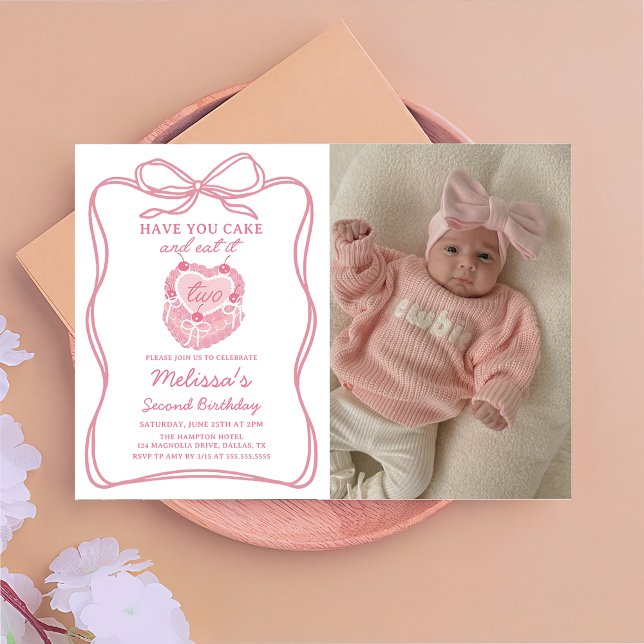 Pink Bow Have Your Cake and Eat It Two Birthday Invitation (Creator Uploaded)