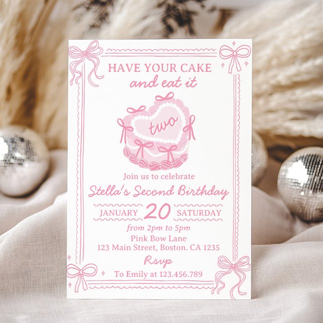 Pink Bow Have Your Cake and Eat It Two Birthday Invitation (Creator Uploaded)