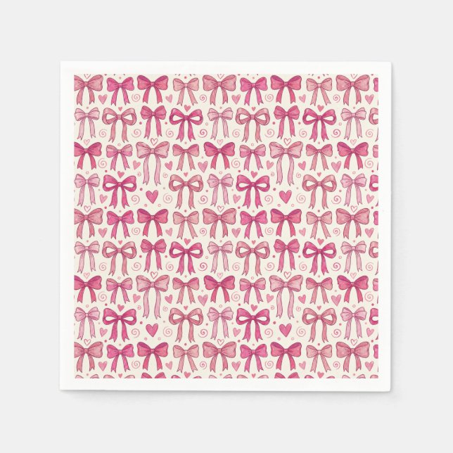 Pink Bow Heart Doodle Row Pattern Napkin (Front)
