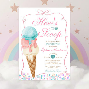 Pink Bow Here's the Scoop Ice Cream Baby Shower Invitation