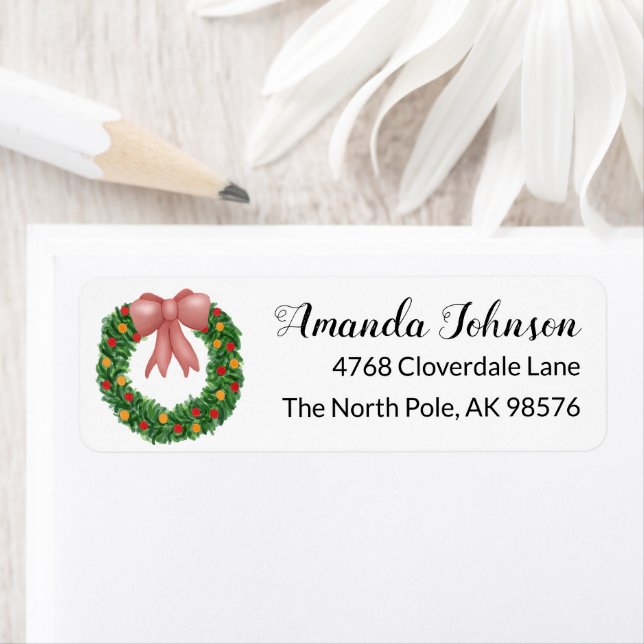 Pink Bow Holiday Wreath Return Address Label (Insitu)