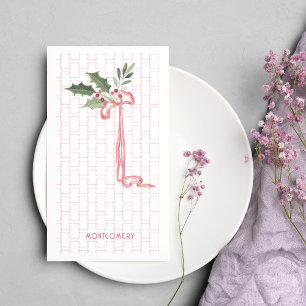 Pink Bow Holly Berry Christmas Guest Towel Napkin