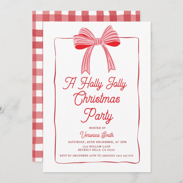 Pink Bow Holly Holiday Party Festive Invitation (Front/Back)