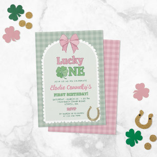 Pink Bow Horseshoe Clover Lucky One Birthday Invitation