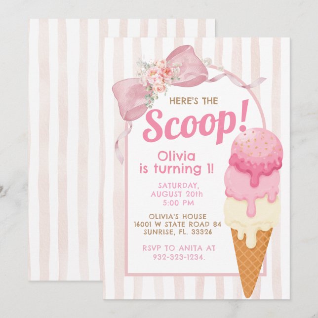 Pink Bow Ice Cream Birthday  Invitation (Front/Back)
