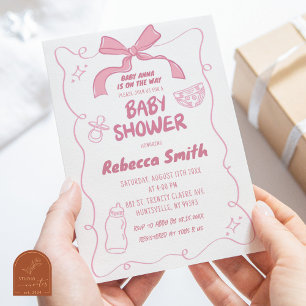 Pink Bow Illustrated Girl Baby Shower Invitation