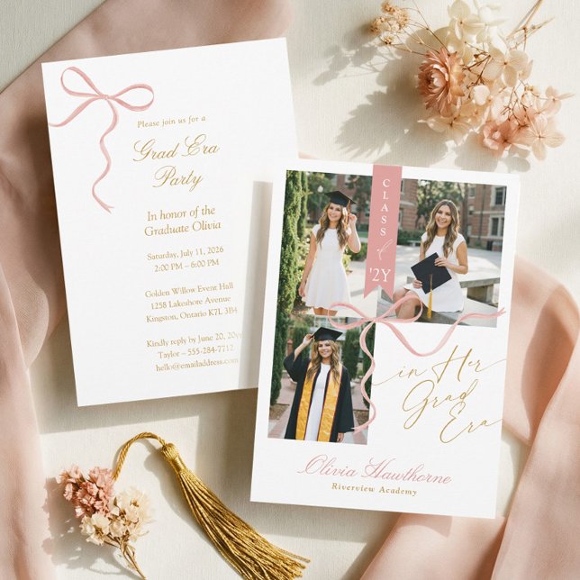 Pink Bow In Her Grad Era Elegant Photo Graduation Invitation (Pink Bow In Her Grad Era Elegant Photo Graduation Invitation)
